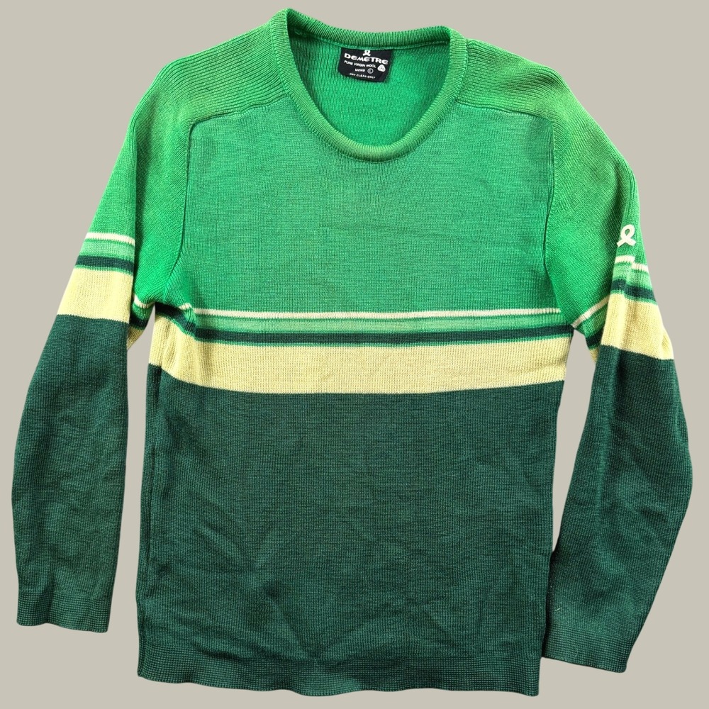 Vintage Demetre Sweater Men L Green Pure Virgin Wool Striped Ski 80s Pullover